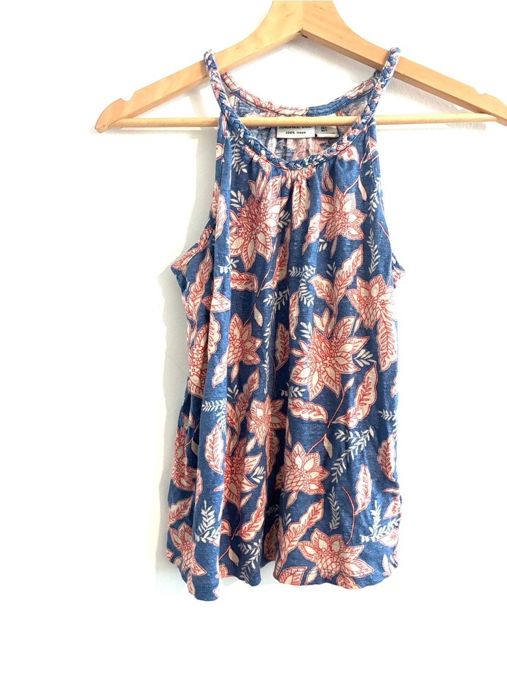 Rachel Zoe Size S 100% Linen Blue/Red Floral Halter Tank Top w/Braided straps